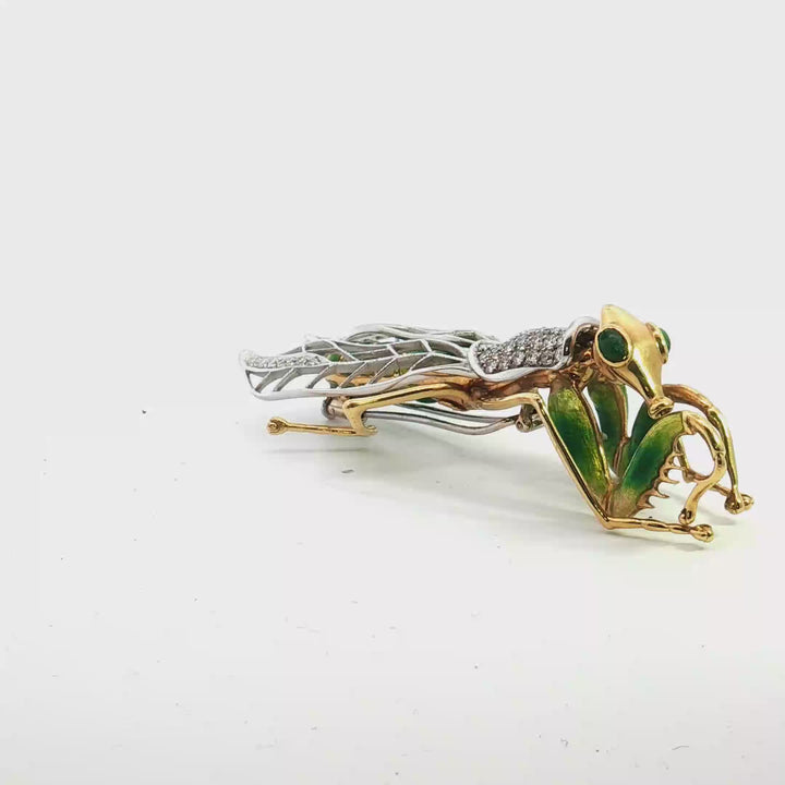 18ct Yellow Gold Mantis Brooch with Diamonds and Enamel