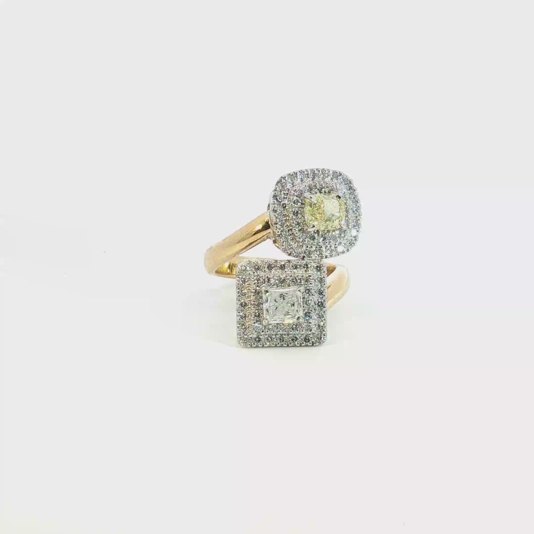18ct yellow and white gold double cluster offset ring with a radiant cut white diamond and cushion cut yellow diamond