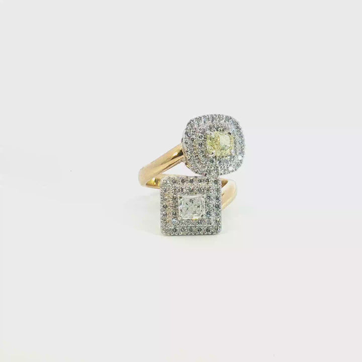 18ct yellow and white gold double cluster offset ring with a radiant cut white diamond and cushion cut yellow diamond