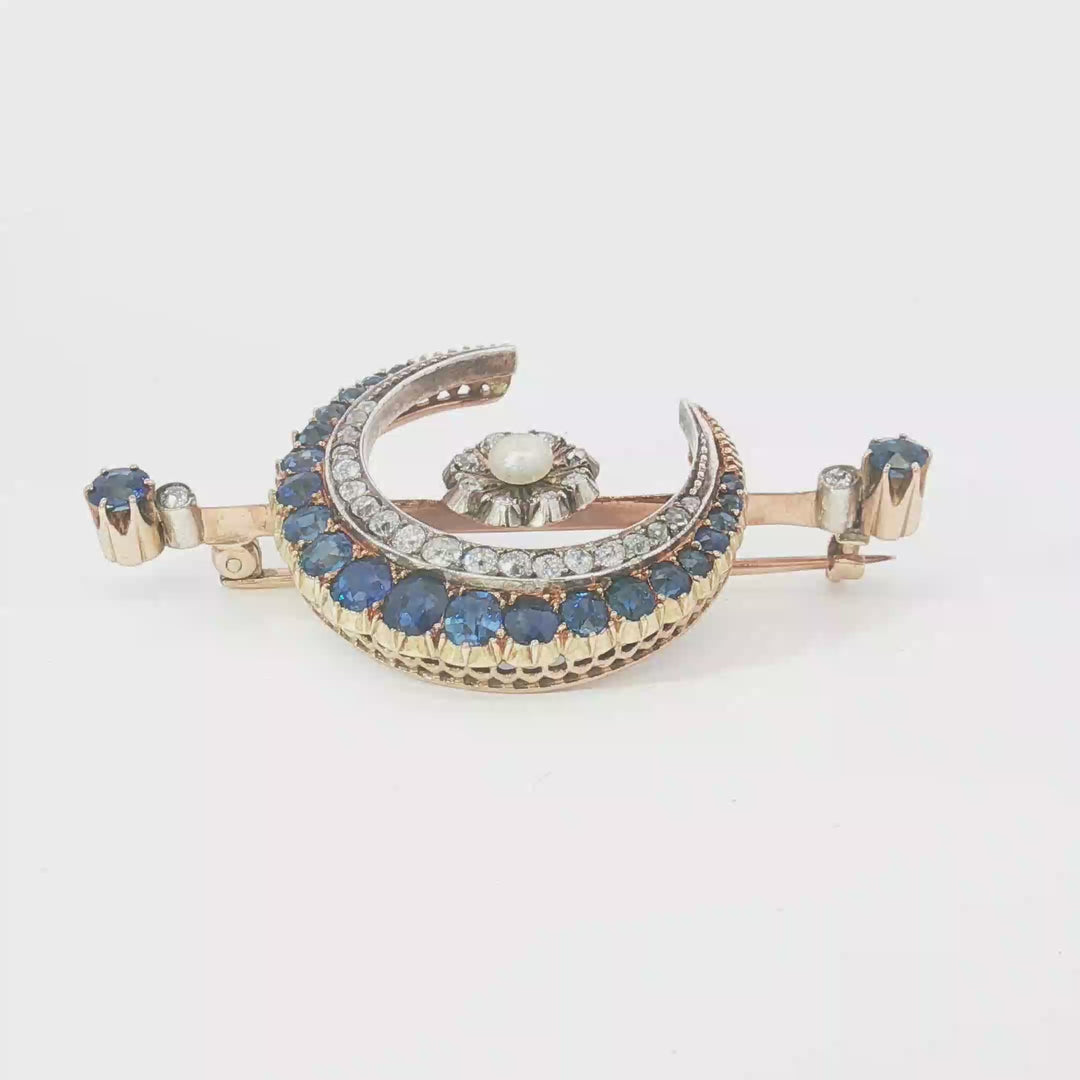 Victorian 15ct Gold and Silver Sapphire, Diamond and Pearl Crescent Moon Brooch