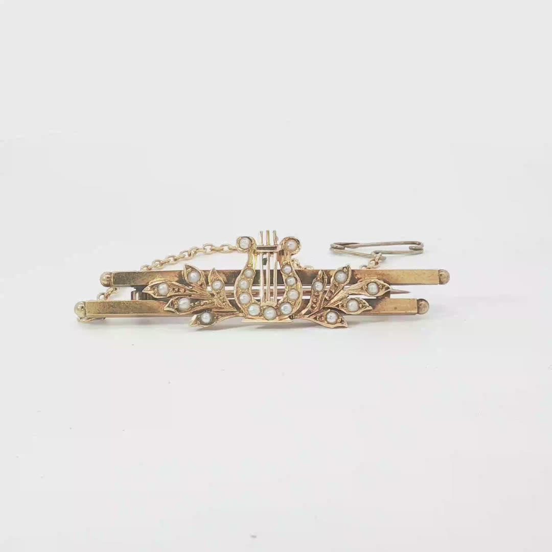 15ct YG Seed Pearl Lyre Bar Brooch