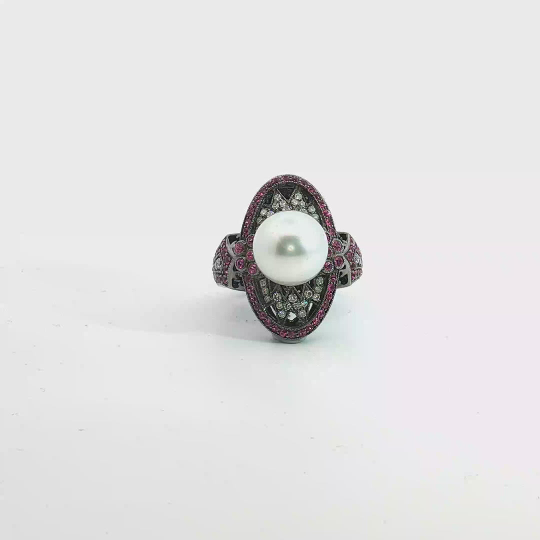 18ct White Gold Black Rhodium Cocktail Ring with Diamonds & Rubies