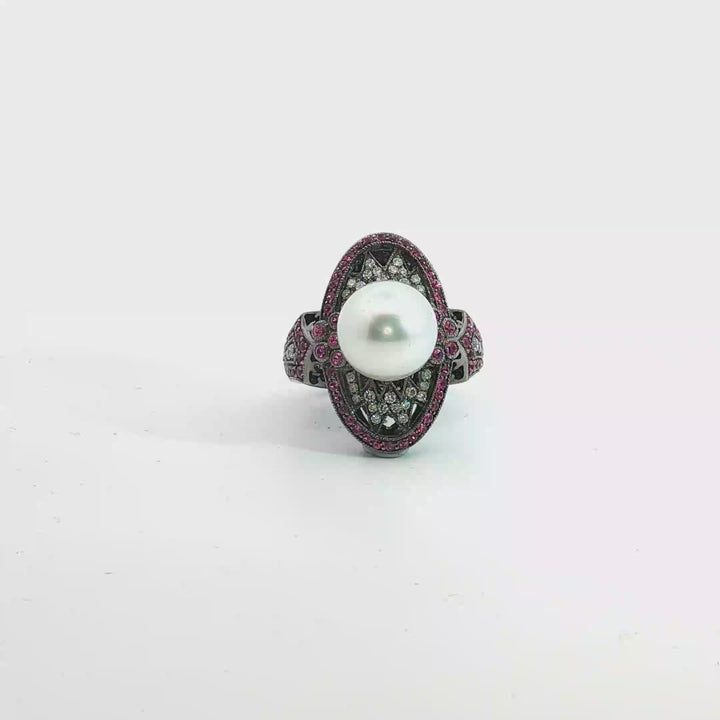 18ct White Gold Black Rhodium Cocktail Ring with Diamonds & Rubies