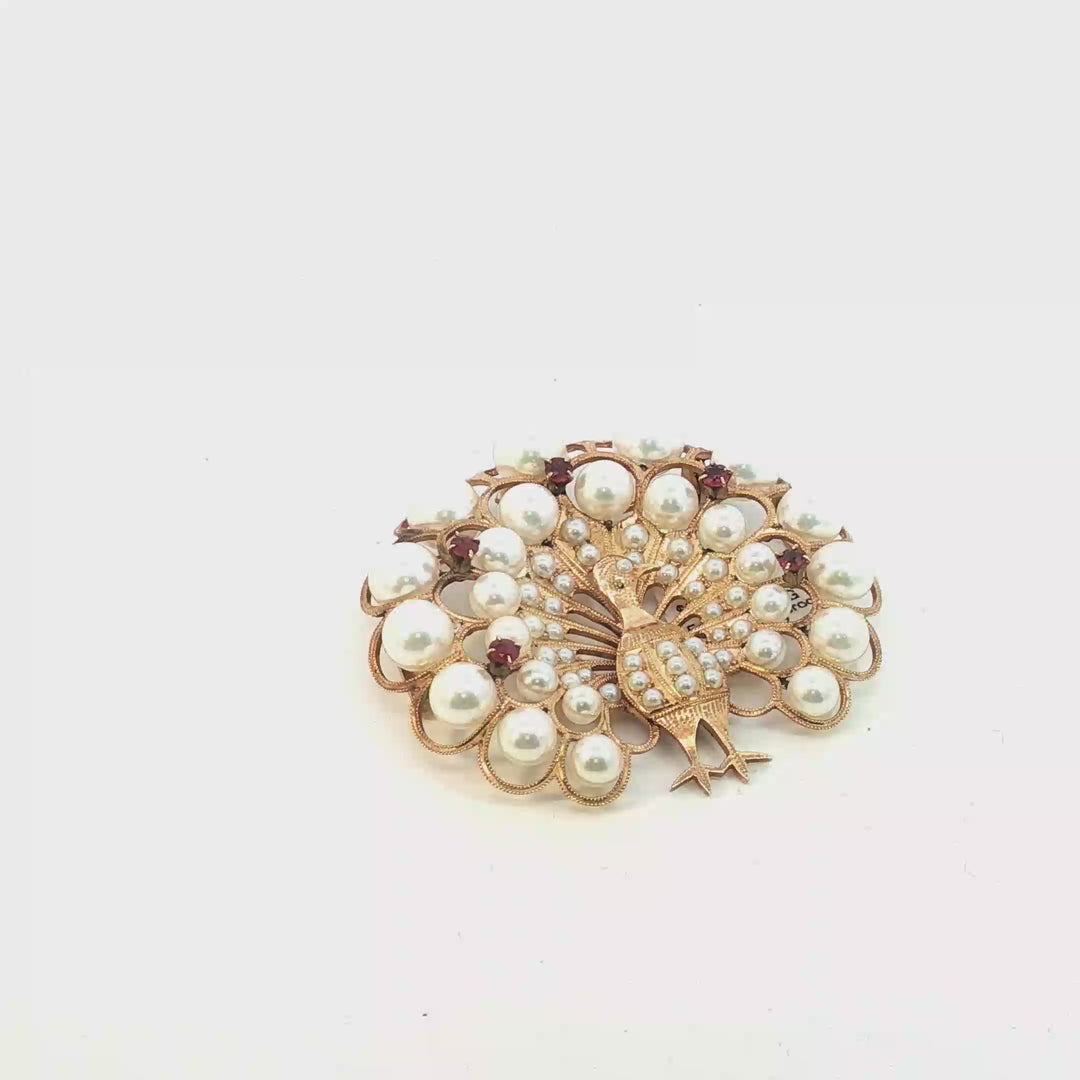 Vintage Inspired 14ct Pearl and Ruby Peacock Brooch