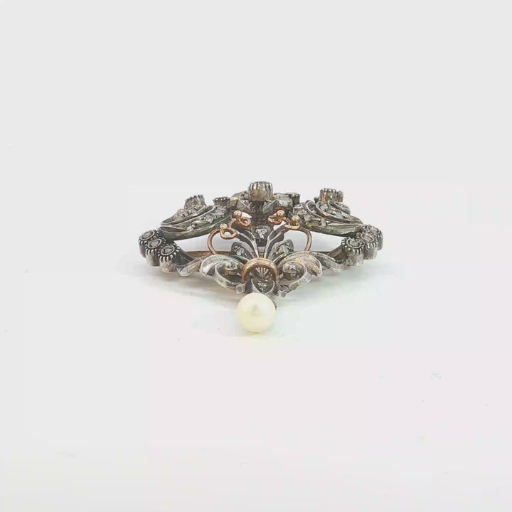 Antique Silver and Rose Gold Diamond Scroll Brooch with Pearl Drop