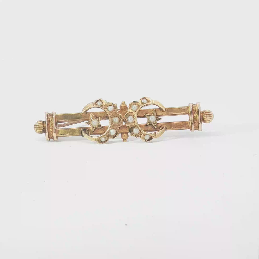 15ct YG Seed Pearl Crescent Moon and Star Bar Brooch