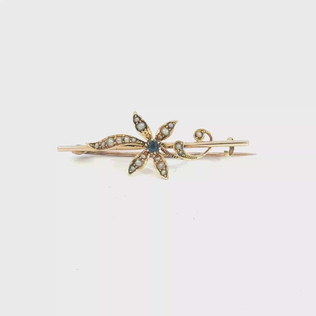 15ct YG Sapphire and Seed Pearl Brooch