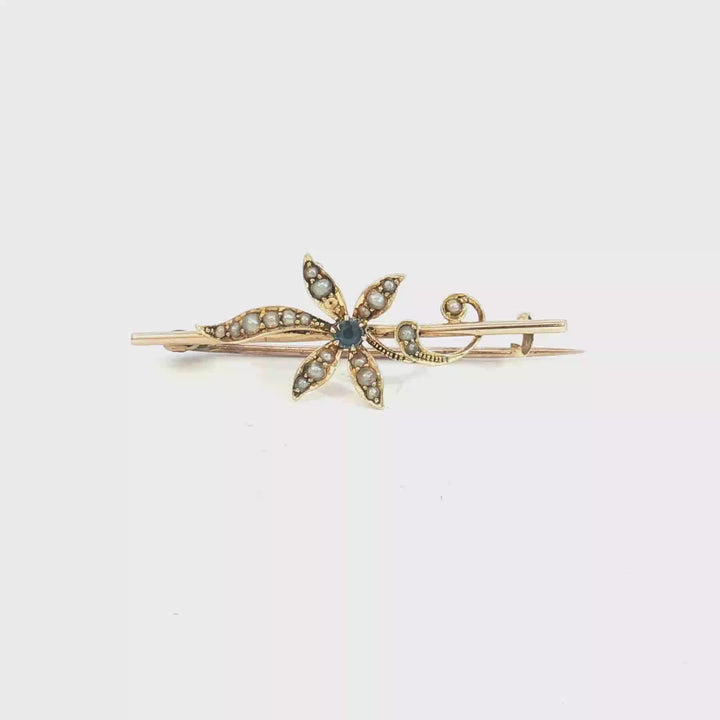 15ct YG Sapphire and Seed Pearl Brooch