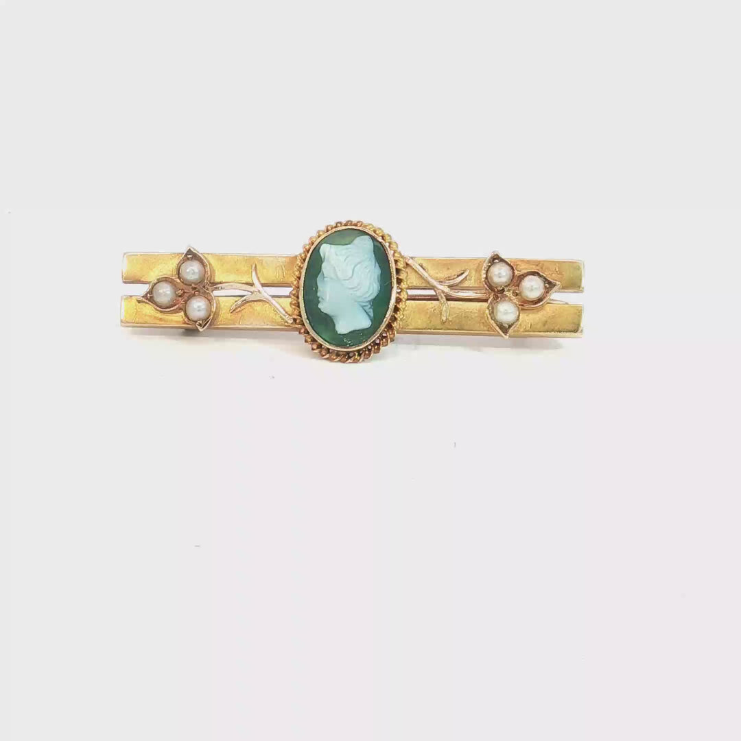 15ct YG Cameo and Seed Pearl Bar Brooch