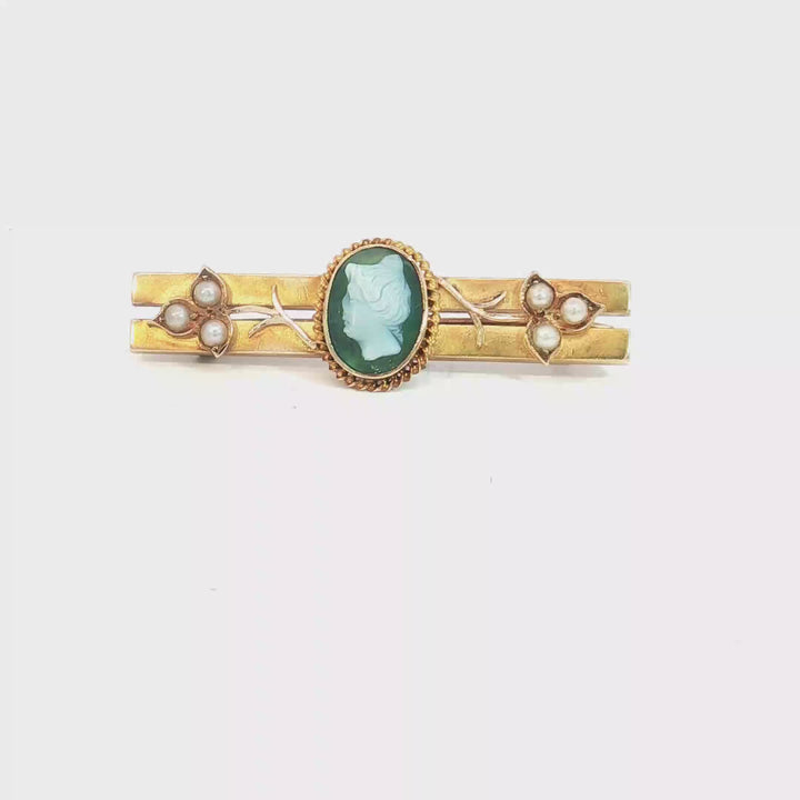 15ct YG Cameo and Seed Pearl Bar Brooch