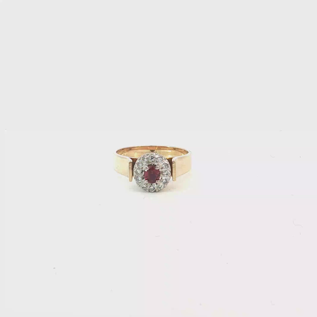 18ct YG/WG Ruby Ring with Diamond Halo