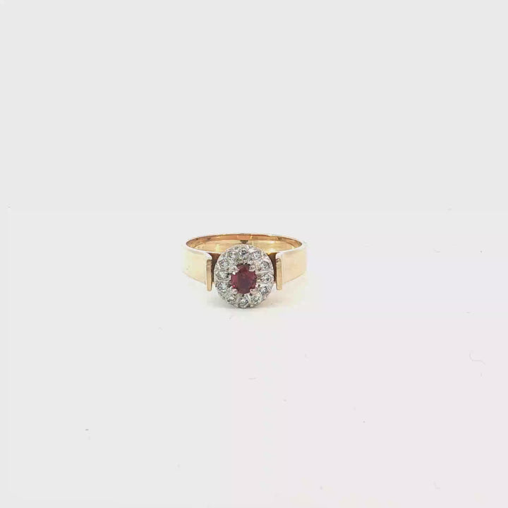 18ct YG/WG Ruby Ring with Diamond Halo